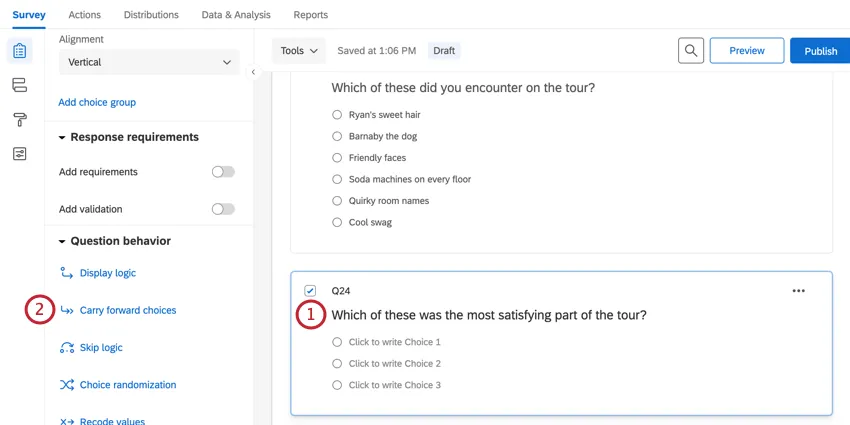 selecting a question and choosing carry forward choices