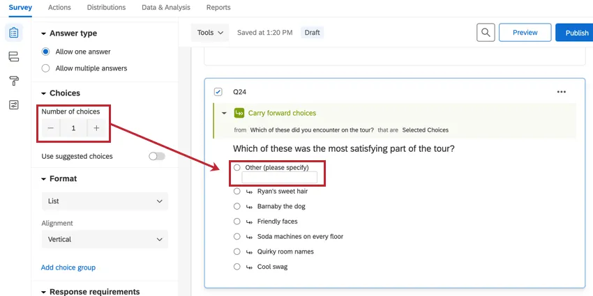 use the number of choices option to add choices to the carry forward question