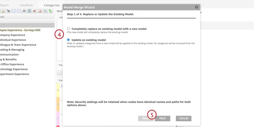 Update or replace the existing model then click next