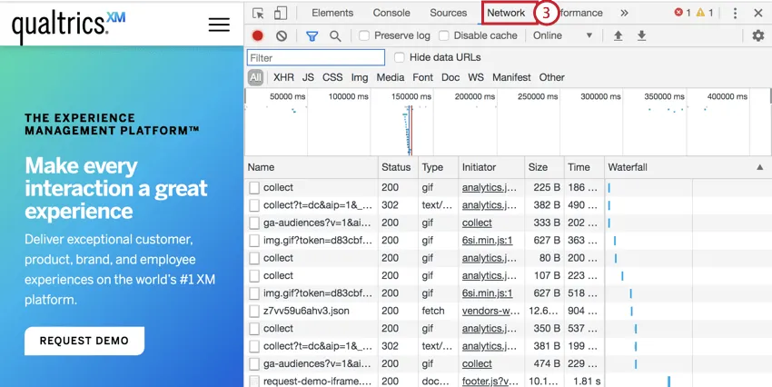 Image de l’onglet Network (Réseau) dans Chrome