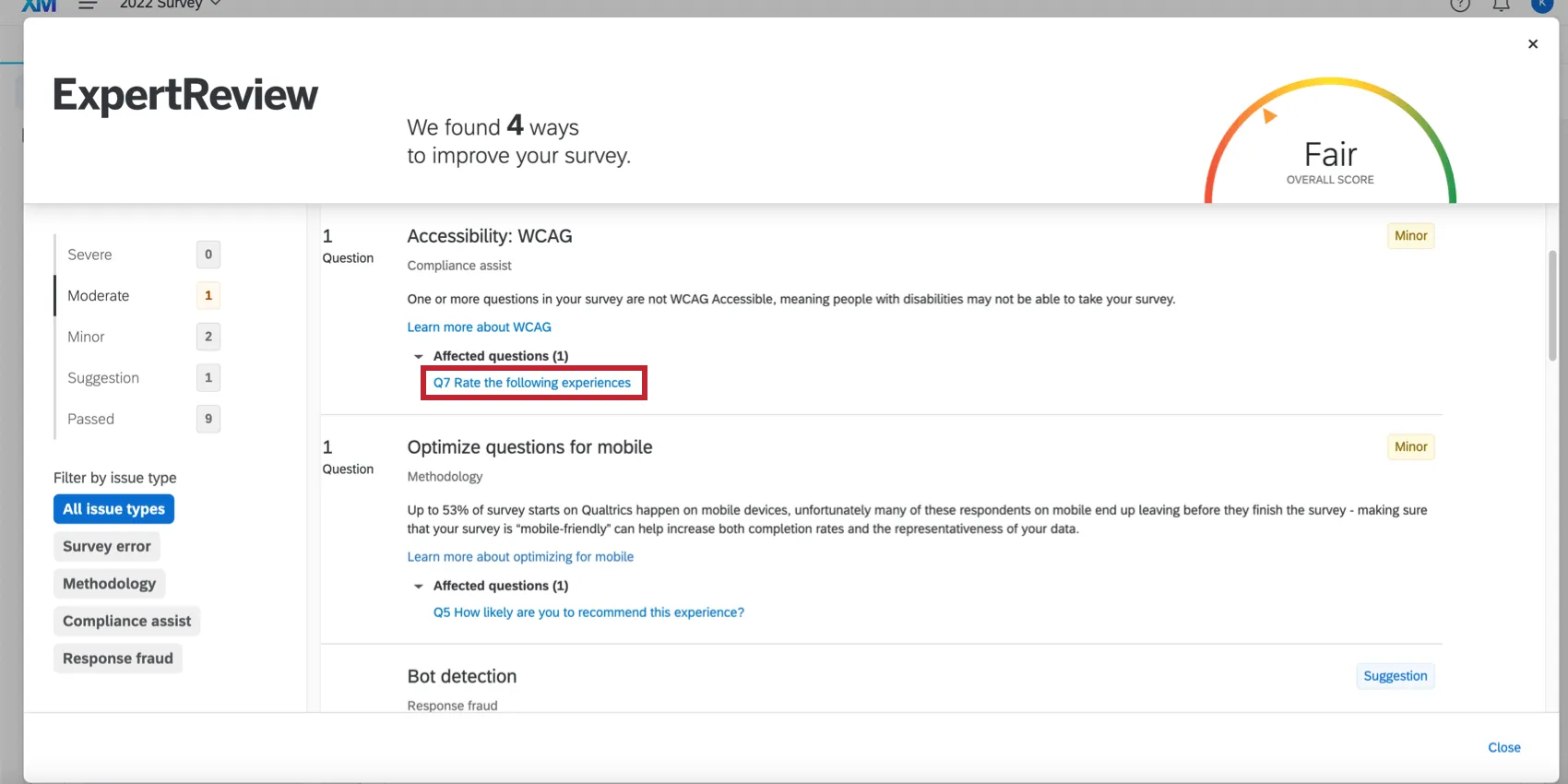 Click on question hyperlink to be directed to question that does not meet compliance suggestions