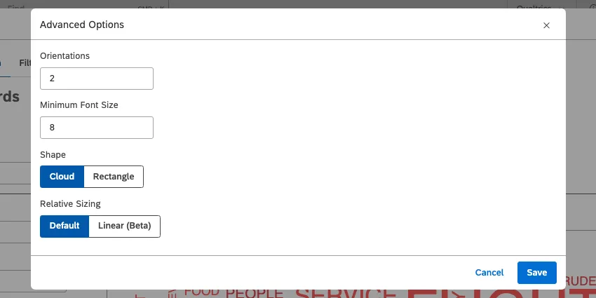 Menu des options avancées