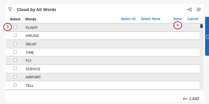 Selecione as palavras e clique em Concluído