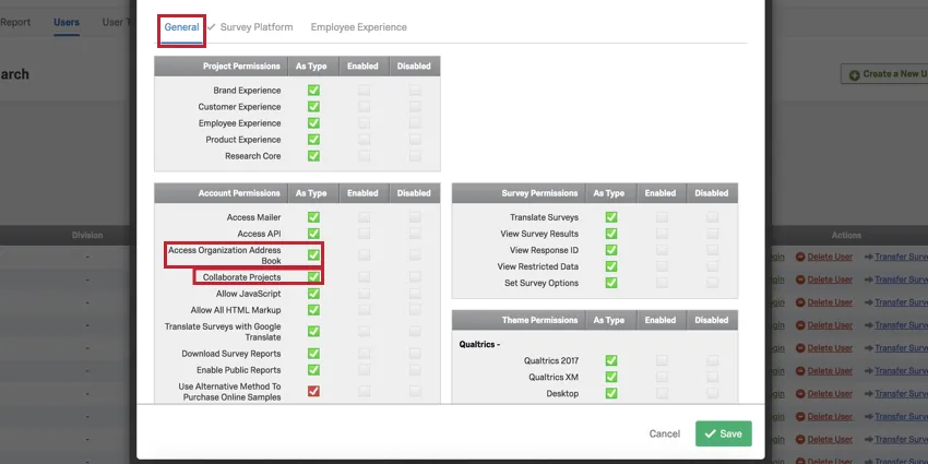 image of the "access organization address book" and "collaborate projects" permissions highlighted