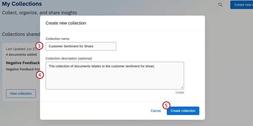Enter a collection name, description. Create collection button
