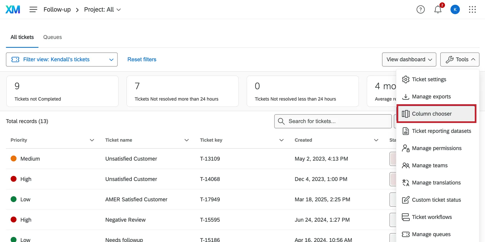 Tools button with Custom Ticket Status, Manage Teams, and Ticket Format options revealed