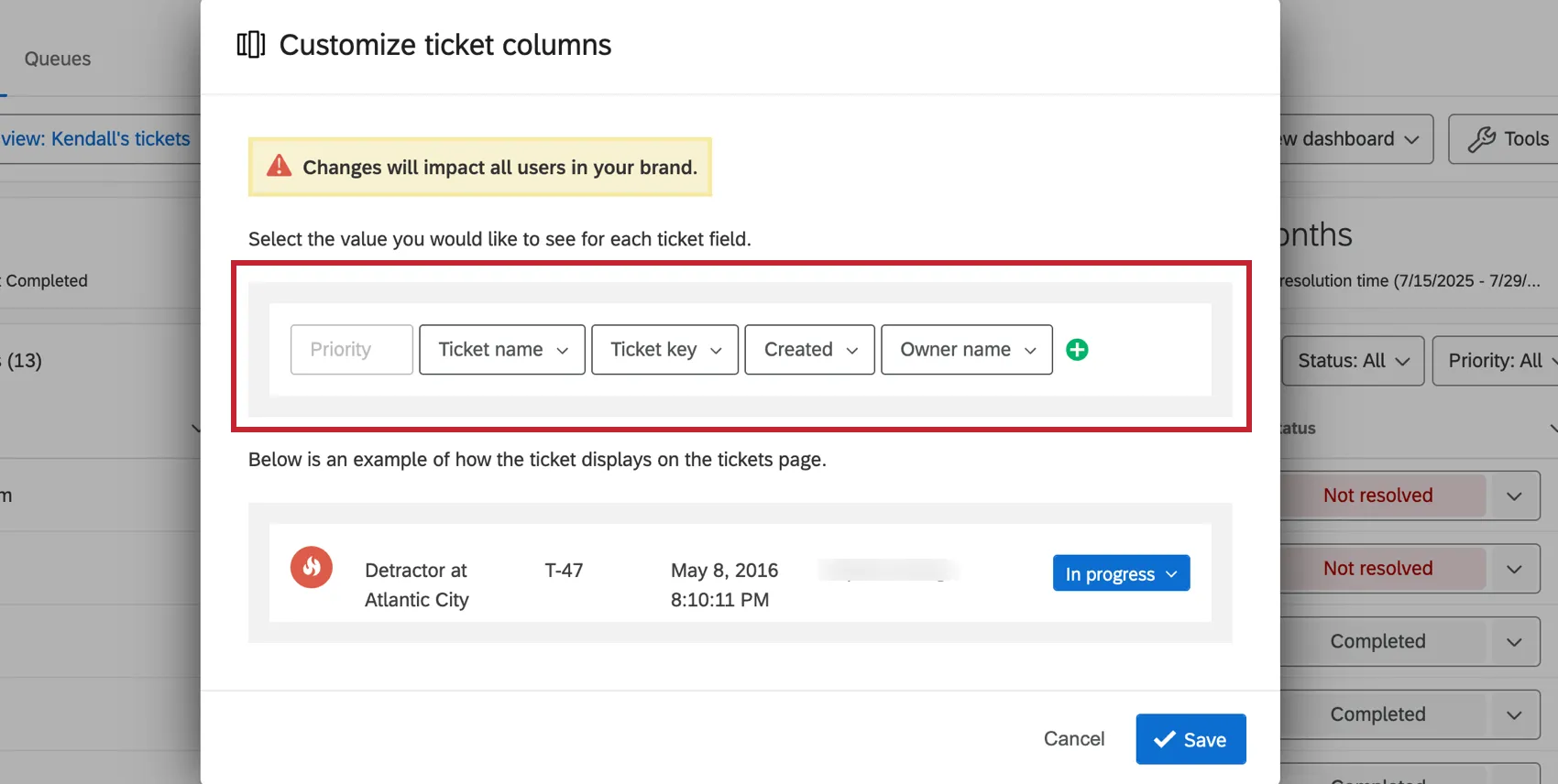 Opzioni per la creazione di un ticket