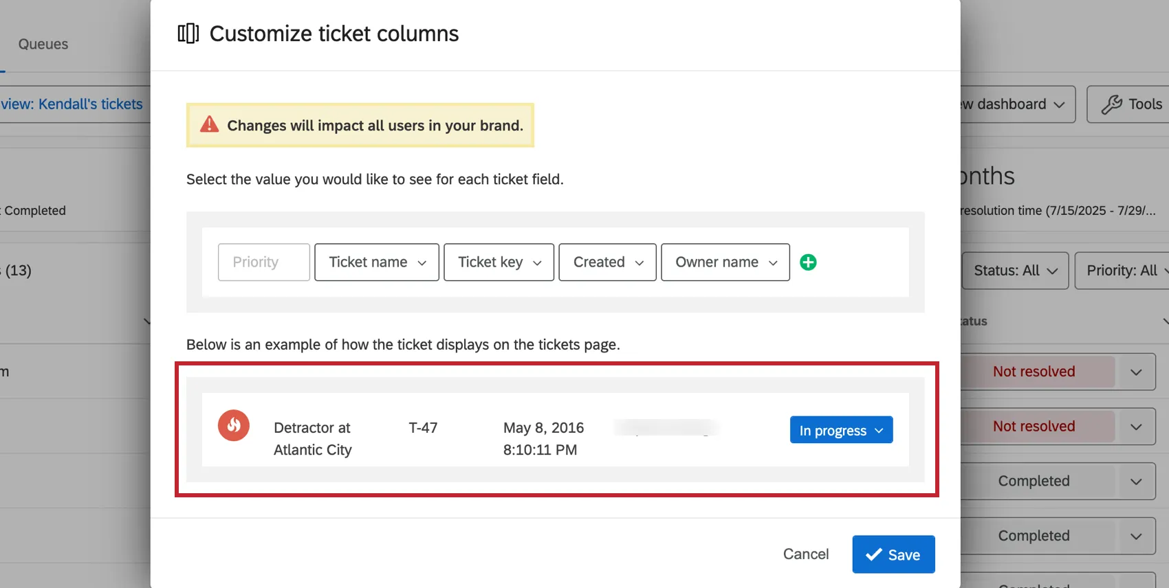 Vista previa de la configuración del ticket personalizado