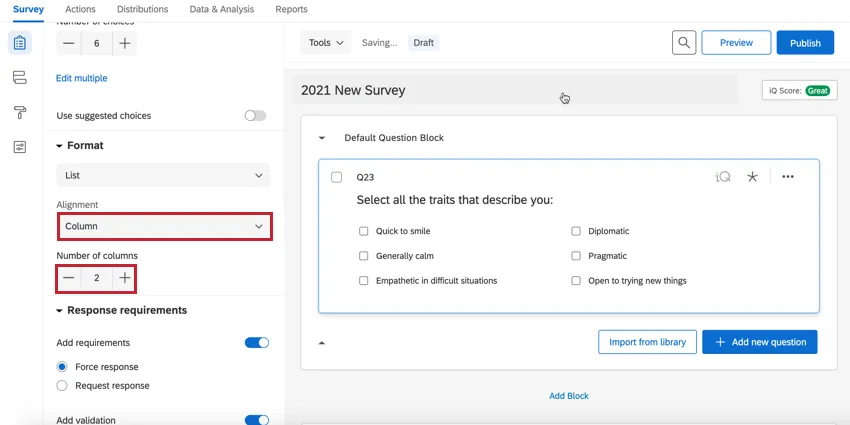 uma pergunta múltipla escolha no formato de coluna com 2 colunas