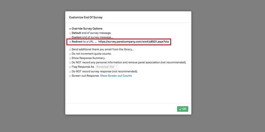 image of the completes link in the redirect to url field