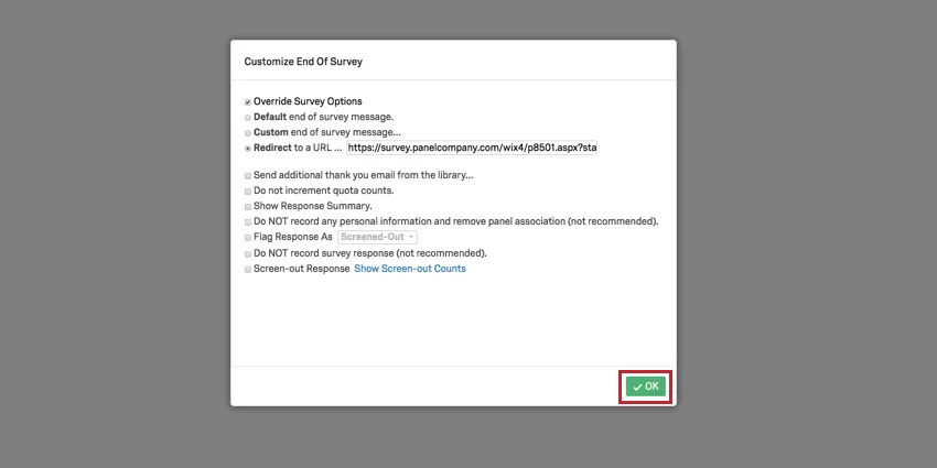 image showing the OK button highlighted in the customize end of survey screen