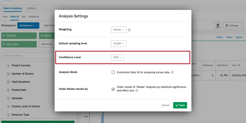 image of the confidence level option in analysis settings