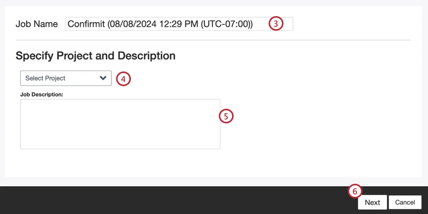 Project selection and job name/description