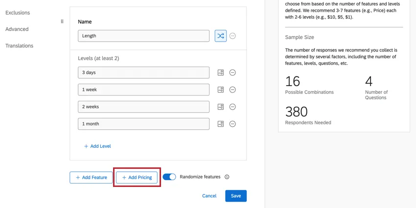 Botão Adicionar preços na parte inferior do editor de recursos