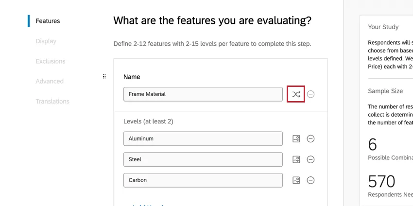 Randomized features icon next to a feature name