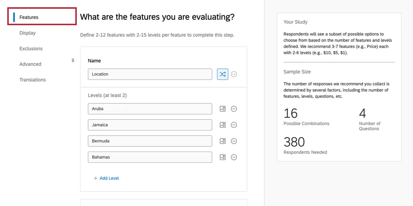 Features selected to the left