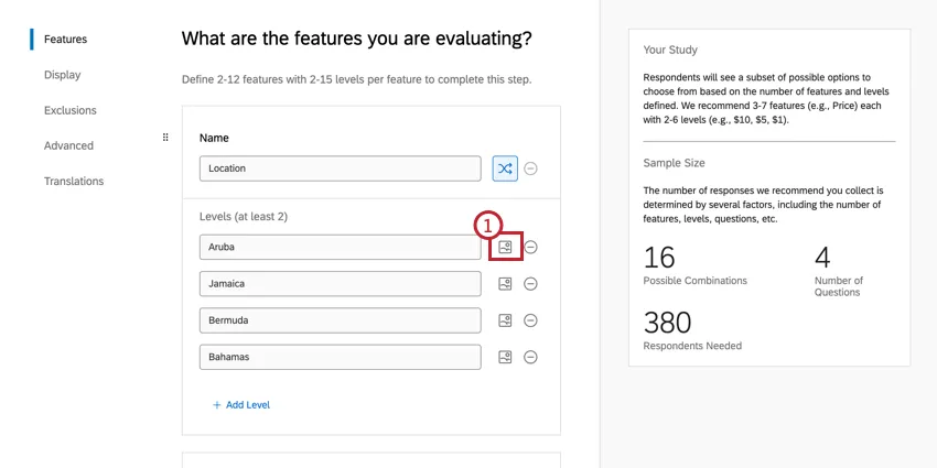 Sur la page des fonctions, à côté de chaque champ de niveau se trouve une petite icône qui ressemble à un soleil derrière une colline (une peinture générique)
