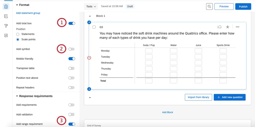 die eindeutigen Optionen für eine konstante Summenmatrixtabelle im Umfragen-Builder