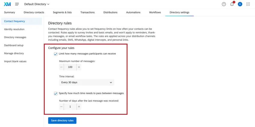 Seção Regras de Diretório da guia Configuração de Diretório