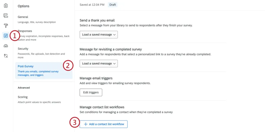 Contact workflows in post survey options