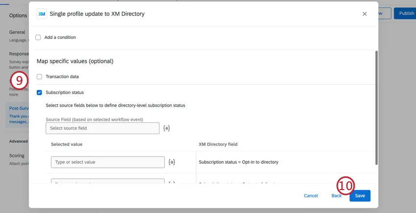 Seleccione si desea mapear datos de transacción o datos de suscripción y luego haga clic en guardar
