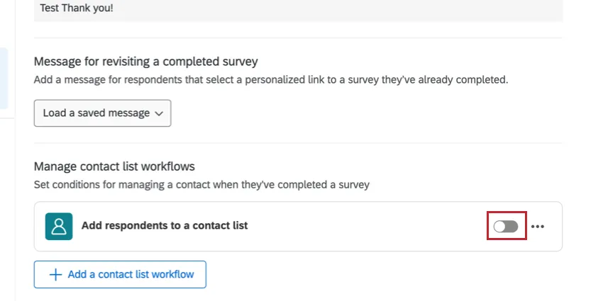 Switch next to contact list workflow to enable or disable it
