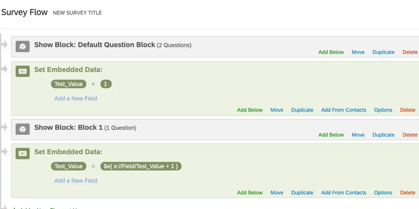 演算機能を使ってカウントするように設定された埋め込みデータフィールドの例を示す、アンケートフローのクローズアップ