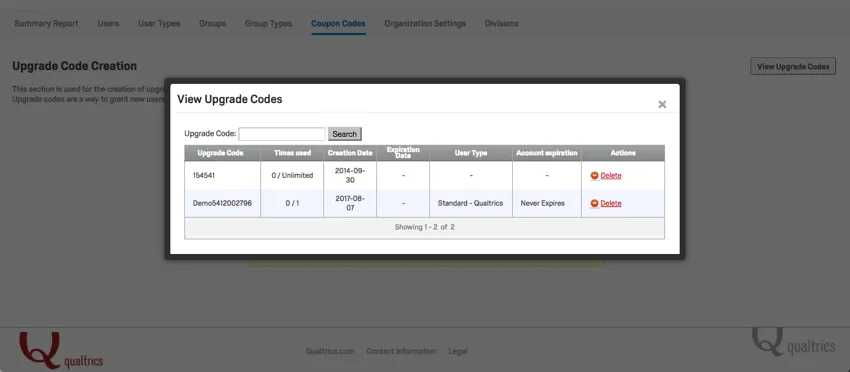 View Upgrade codes popup window with two codes listed