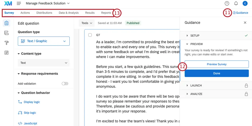 using the guidance panel on the right to navigate, or using the top tabs