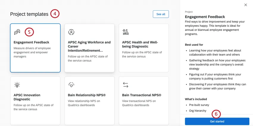 in the project templates section of the catalog, selecting a template and clicking get started