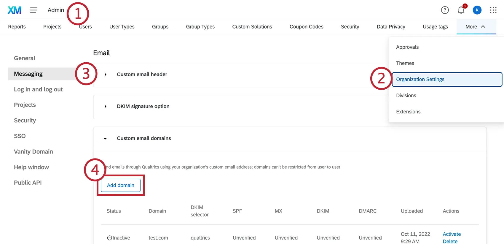 Añadir un dominio personalizado en la pestaña Correo electrónico de la configuración de la organización