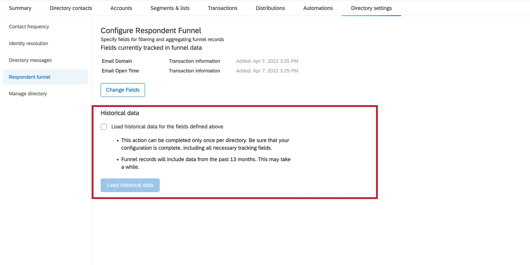 Shows the historical data configuration screen.
