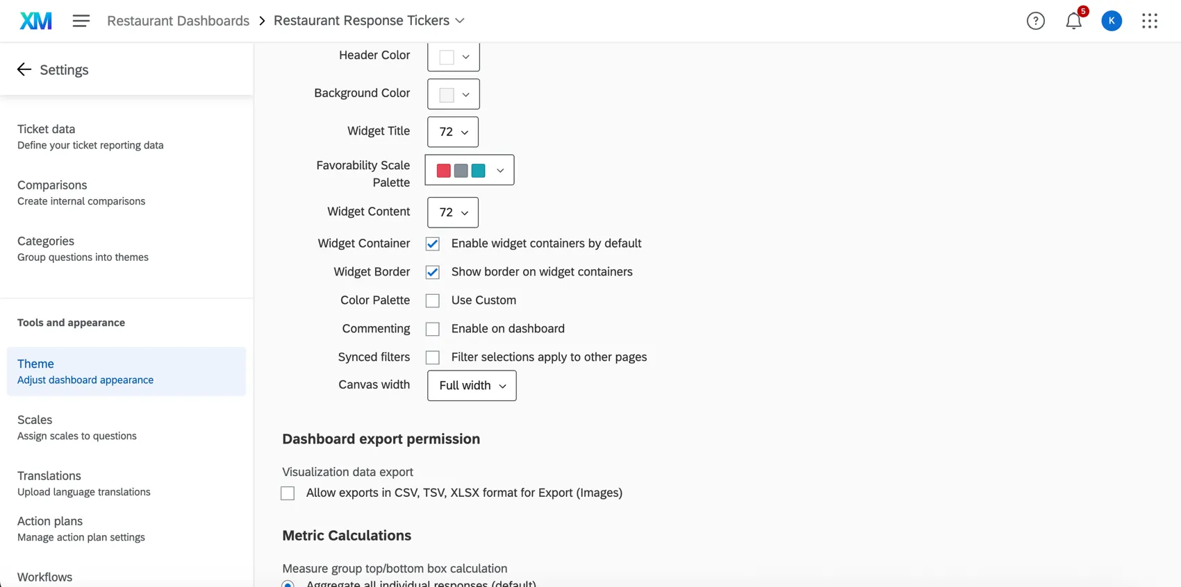 Dashboard Designvorlagen Einstellungen