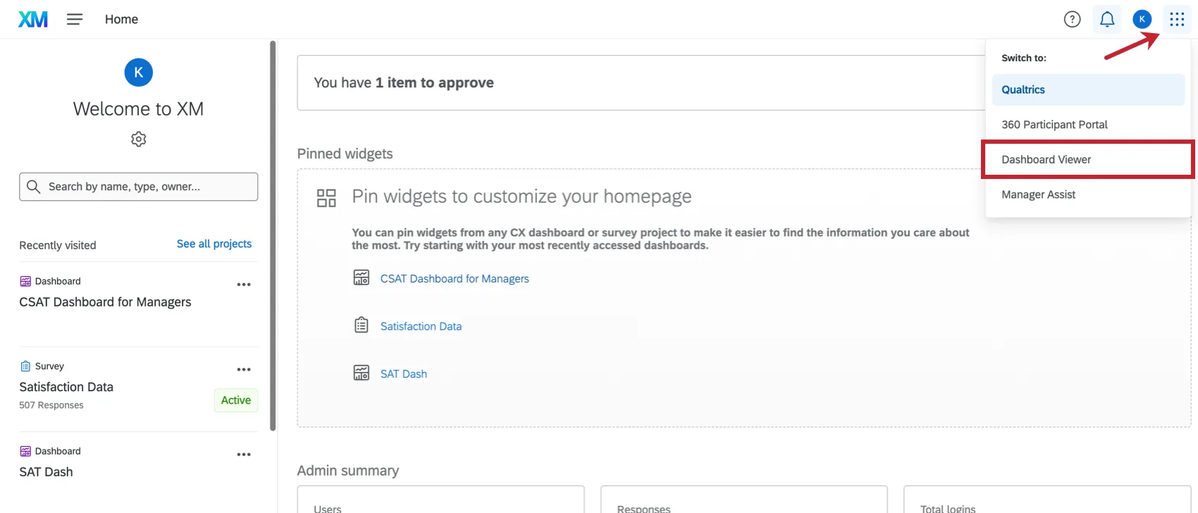 Mostra o visualizador dashboard no menu superior esquerdo.