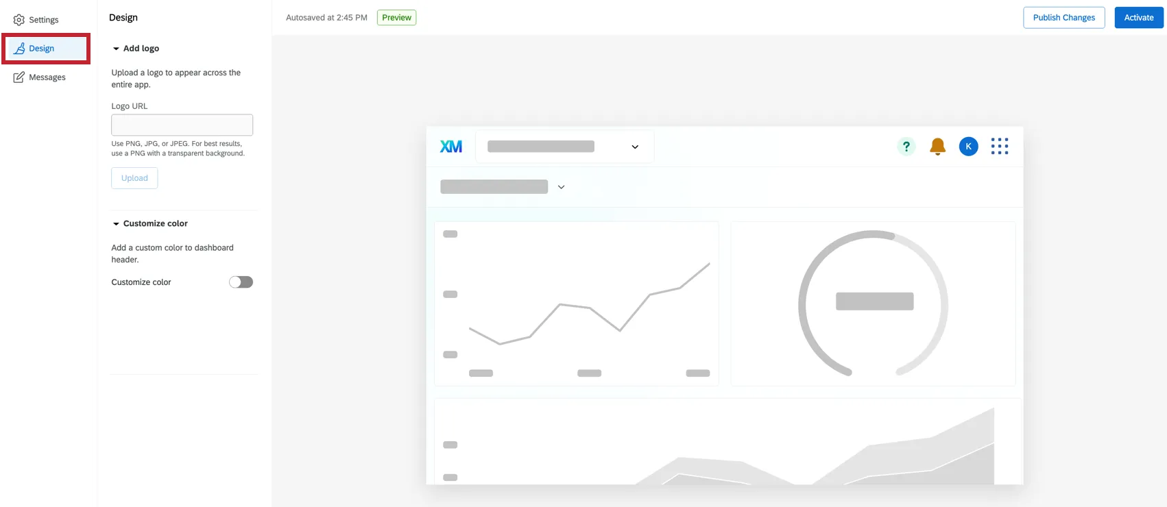 A página de design do menu de configuração do aplicativo.