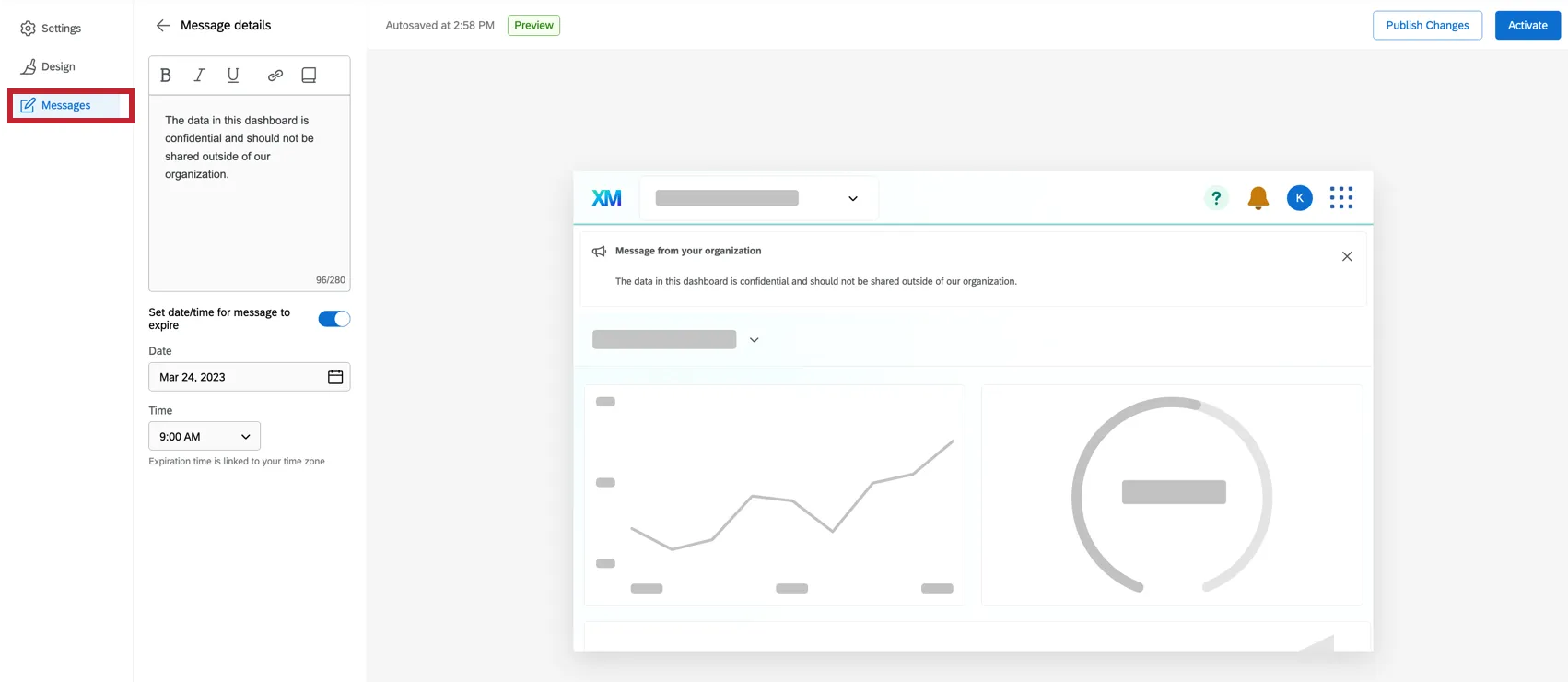 Las páginas de mensajes del menú de configuración de la aplicación.