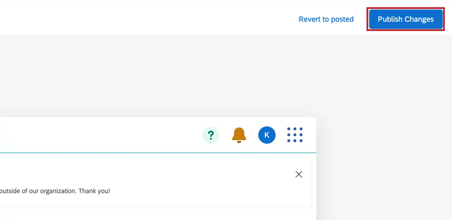 Mostra o botão publicar alterações no menu de configuração do aplicativo.