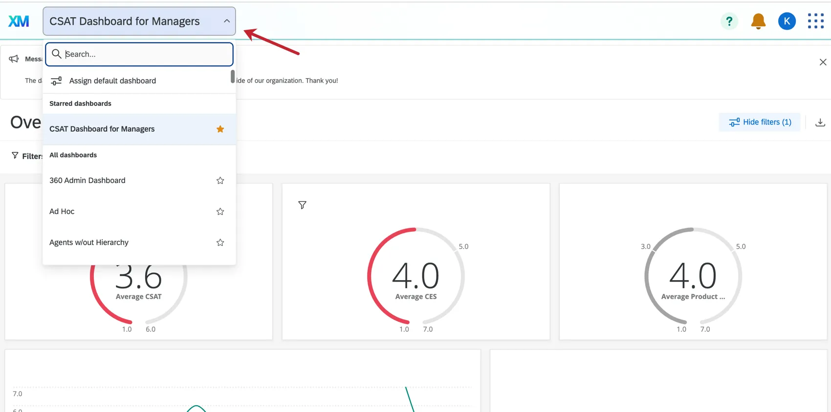 Shows the dropdown allowing users to select a dashboard to view in the app.