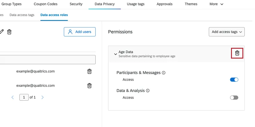 icona del cestino per eliminare unautorizzazione di accesso ai dati