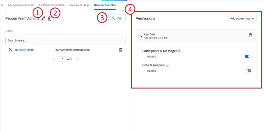 Partes de los roles de acceso a datos que puedes editar