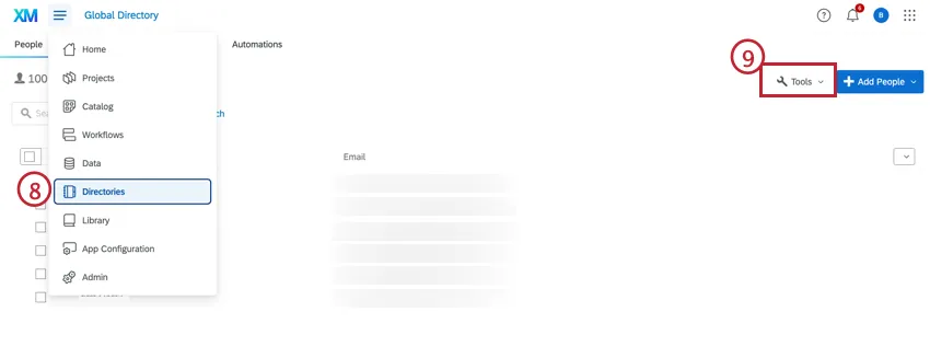 Tools drop down in the emplloyee directory