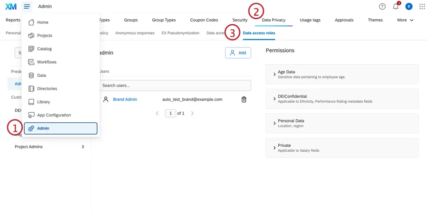Página de administración y pestaña de roles de acceso a datos