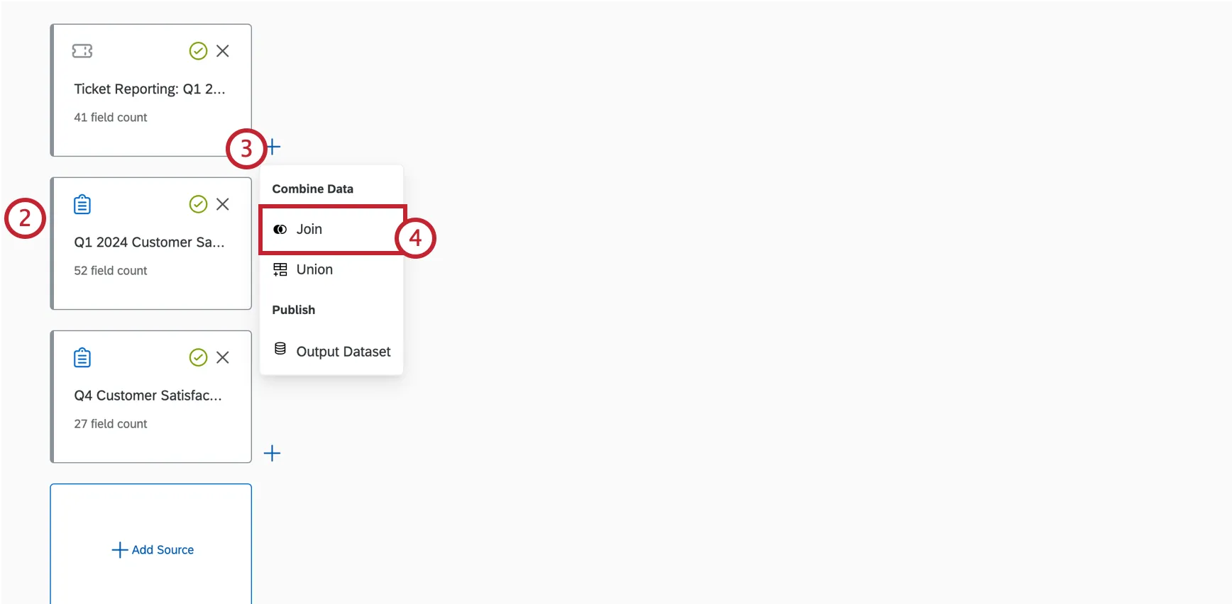 Adicione fontes no modelador de dados e depois junte-as