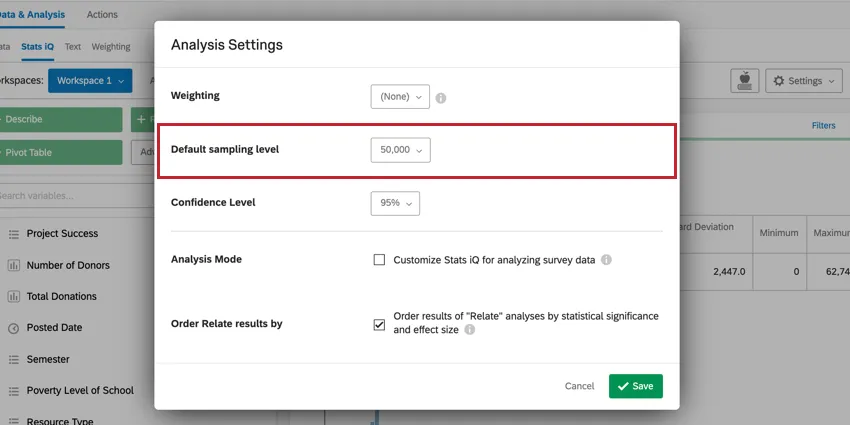 image of the default sampling level option in Analysis Settings