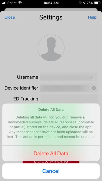 アプリからすべてのデータを削除する前に、全データ削除の確認画面が表示されます。