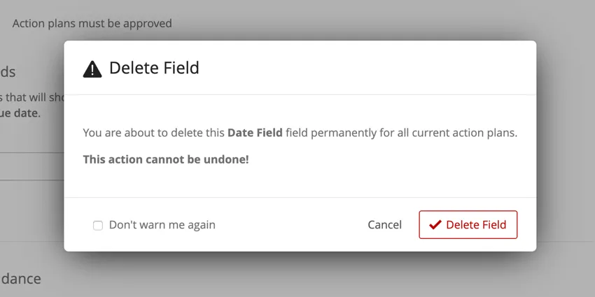 フィールドを完全削除する前に表示される削除確認ウィンドウ