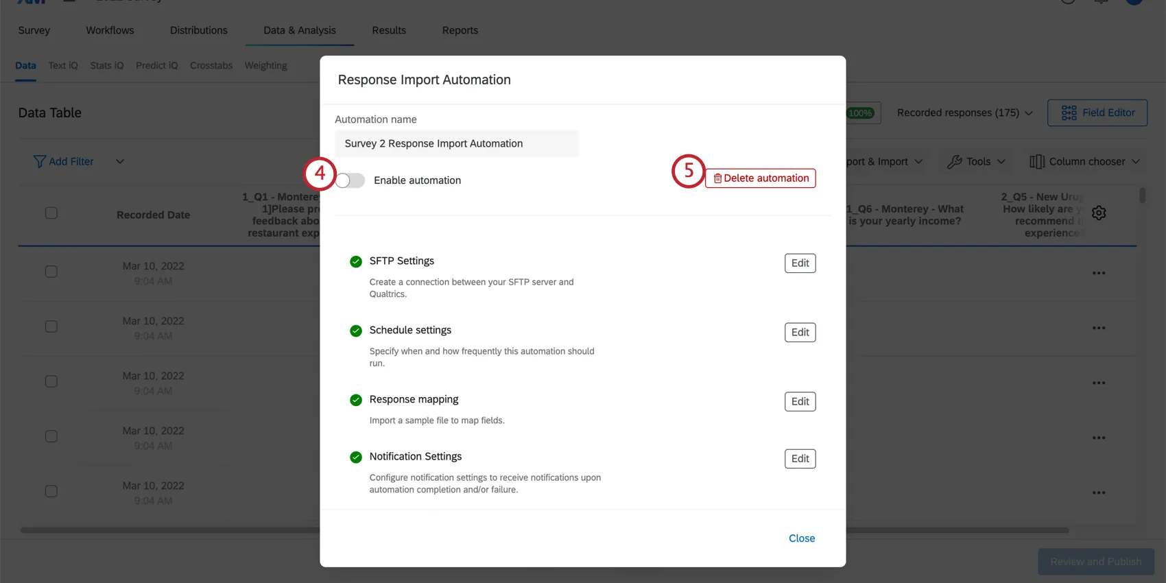 den Schalter „Automatisierung aktivieren“ und den Button „Automatisierung löschen“