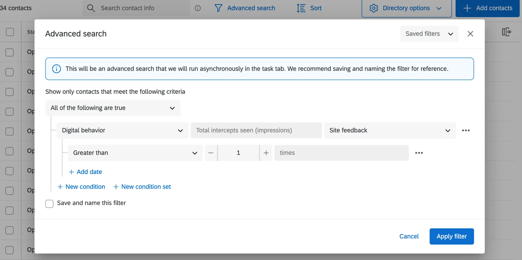 Filtros que se configuran en función de la actividad de intercept digital