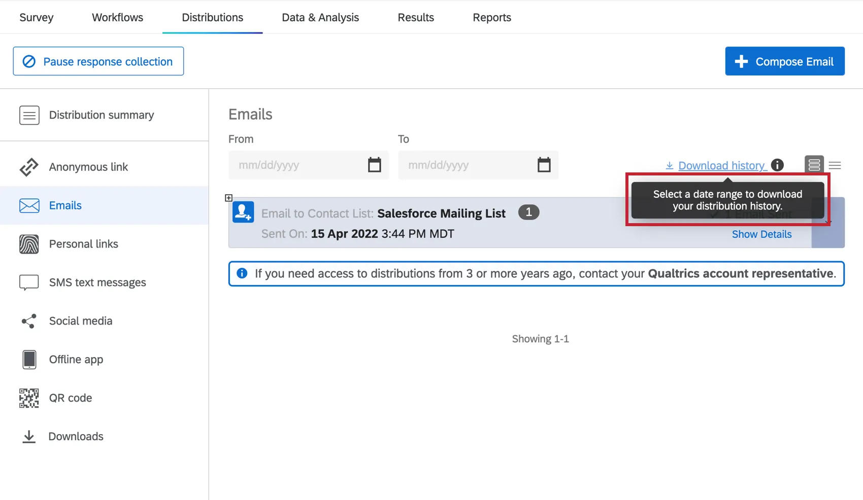 il pulsante di download è disattivato perché non è stato selezionato alcun intervallo di date