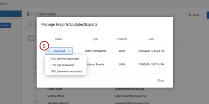 la schermata manage imports/exports dopo aver esportato i partecipanti. fare clic sul pulsante download per scaricare il file